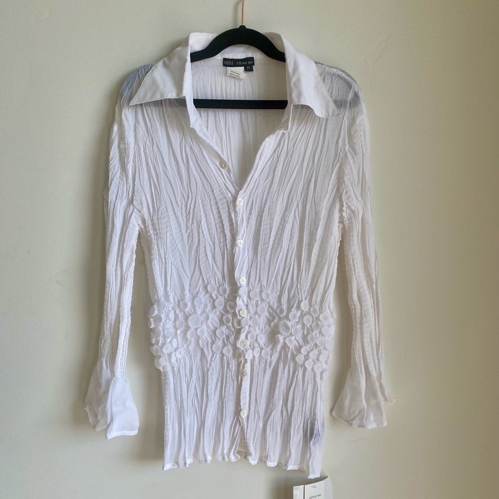UBU I’ll Be Me Y2K Style Stretchy Sheer White Collared Blouse NWT